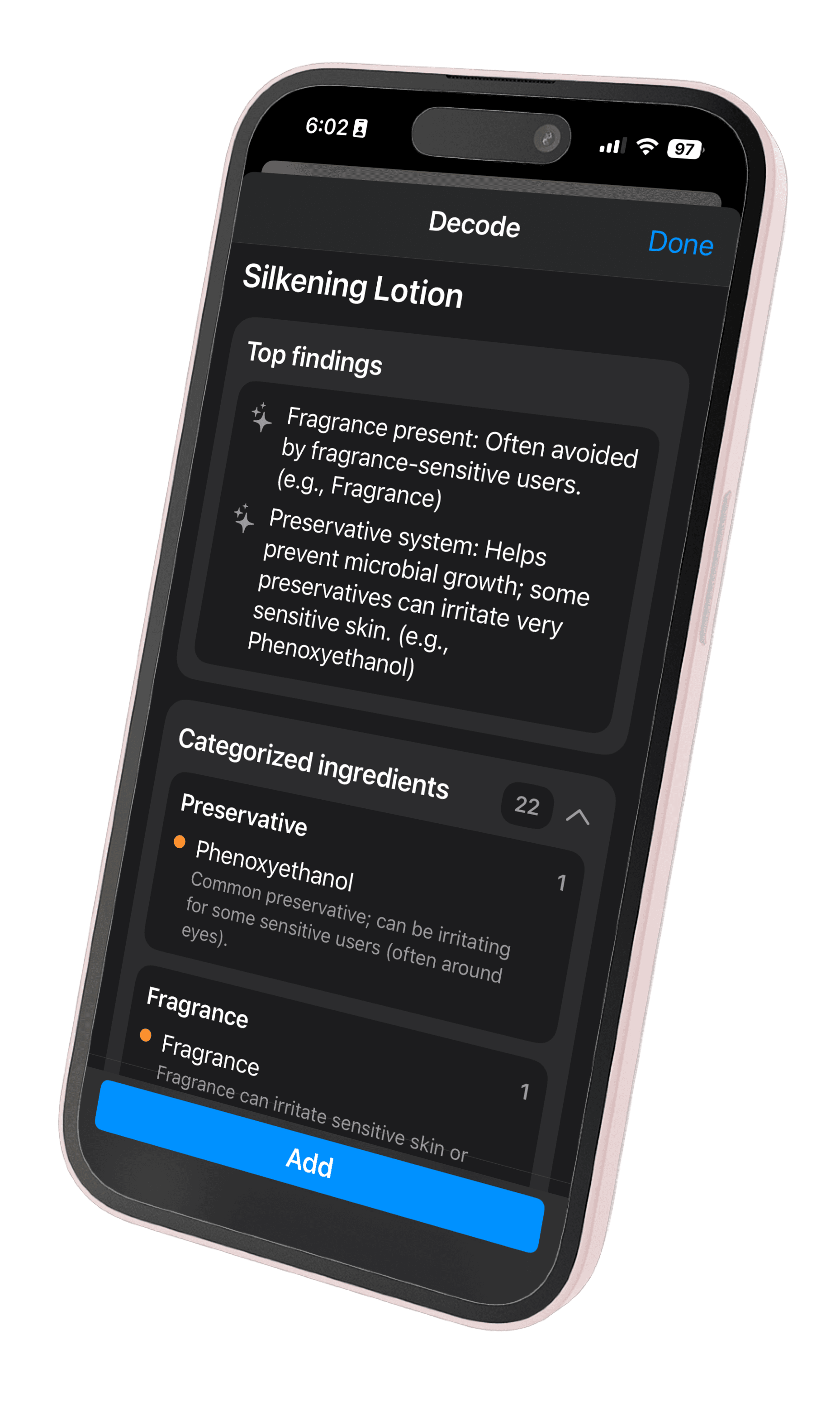 Phone mockup showing an ingredient scan with function tags and provenance