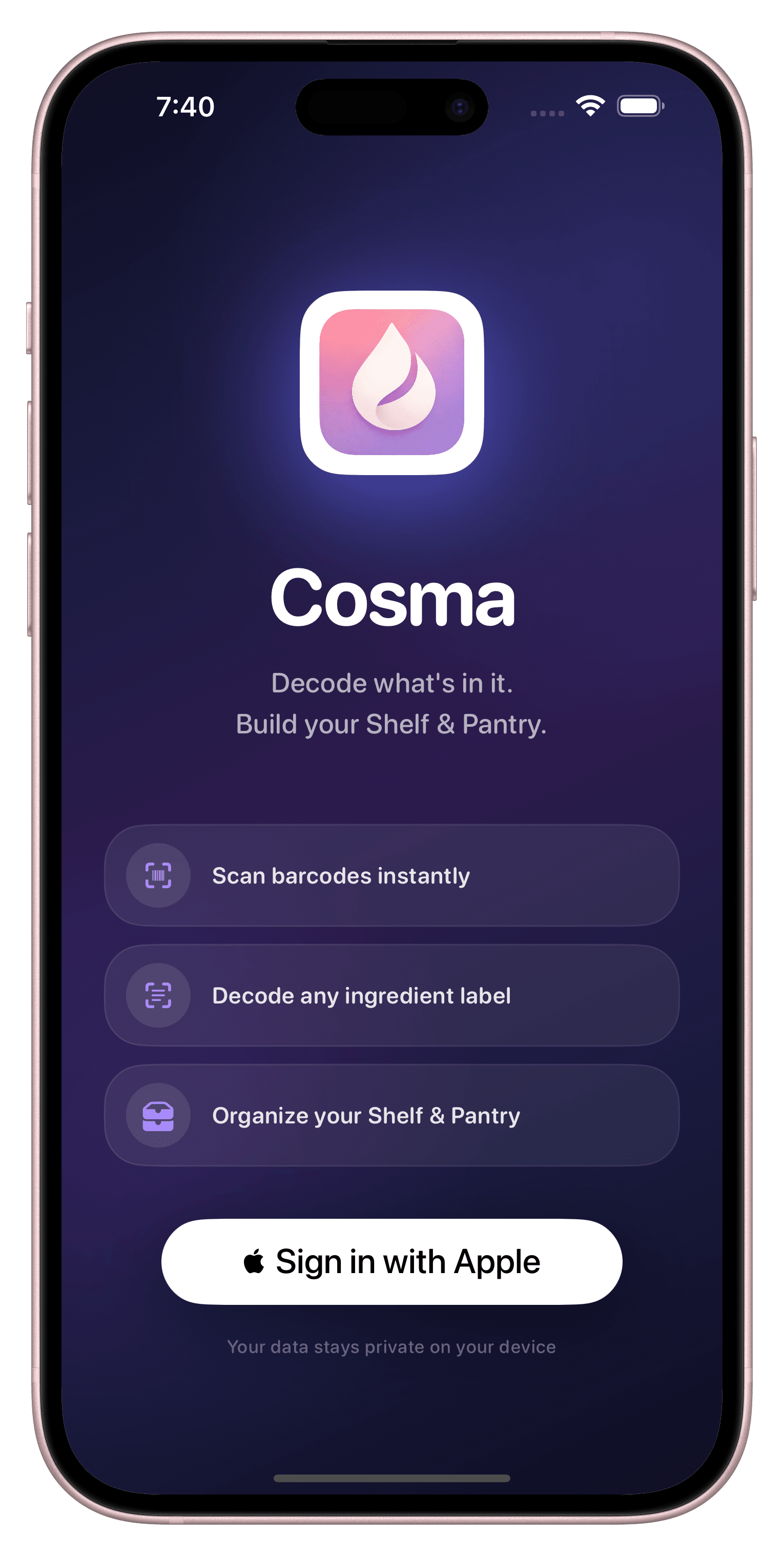 Cosma welcome screen mockup
